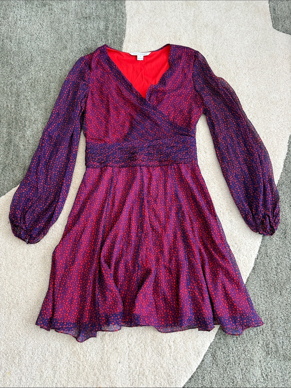 Diane Von Furstenberg Red and Navy Printed Long-Sleeve Wrap Dress
